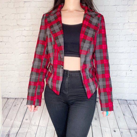 Korean K Fashion Red Black Plaid Blazer - Picture 1 of 10